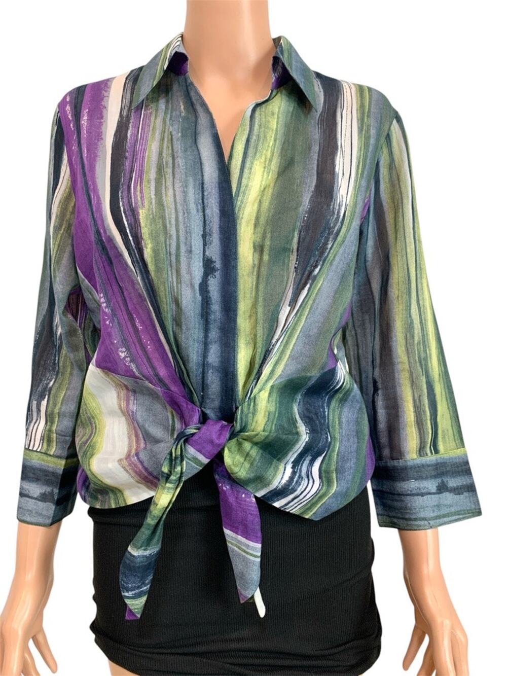 Lafayette 148 10 button knot tie front 3/4 sleeve blouse TB2 3385